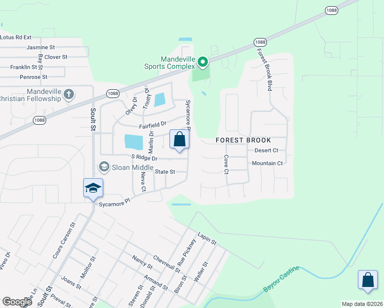 map of restaurants, bars, coffee shops, grocery stores, and more near 1406 Sycamore Place in Mandeville