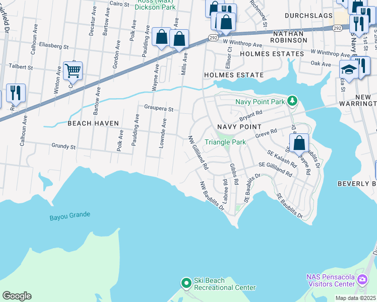 map of restaurants, bars, coffee shops, grocery stores, and more near 4 Rowland Court in Pensacola