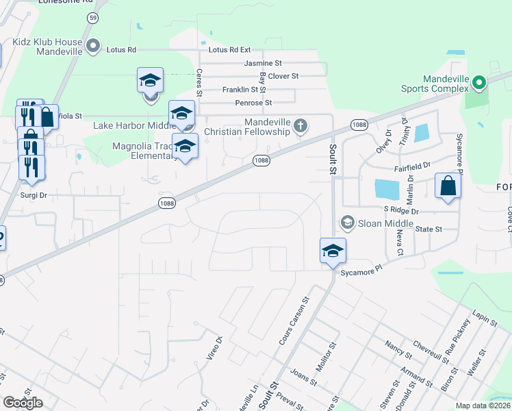 map of restaurants, bars, coffee shops, grocery stores, and more near 444 Red Maple Drive in Mandeville