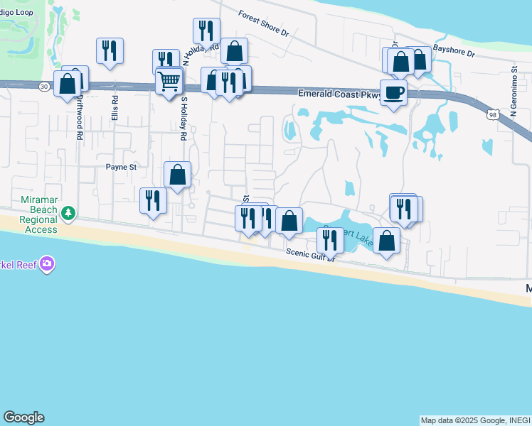 map of restaurants, bars, coffee shops, grocery stores, and more near 1630 Scenic Gulf Drive in Miramar Beach