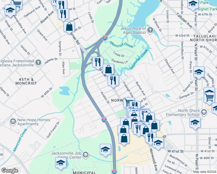 map of restaurants, bars, coffee shops, grocery stores, and more near 967 Glencarin Street in Jacksonville