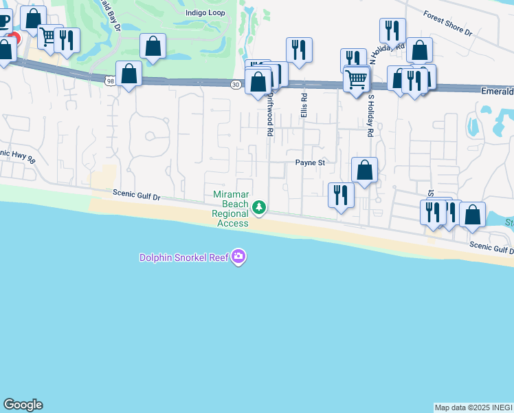 map of restaurants, bars, coffee shops, grocery stores, and more near 2375 Scenic Gulf Drive in Miramar Beach