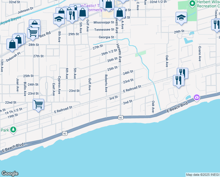 map of restaurants, bars, coffee shops, grocery stores, and more near 2200 Roberts Avenue in Gulfport