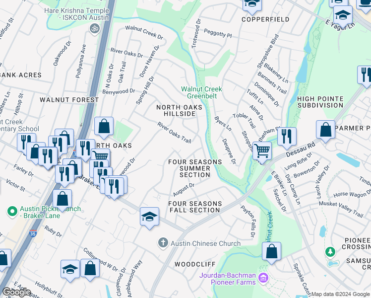 map of restaurants, bars, coffee shops, grocery stores, and more near 11602 April Drive in Austin