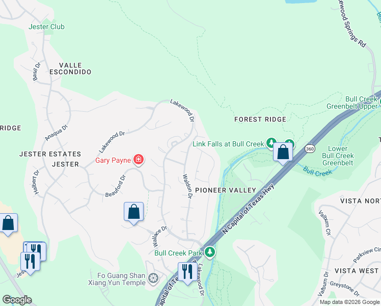 map of restaurants, bars, coffee shops, grocery stores, and more near 7606 Crossmeadow Drive in Austin