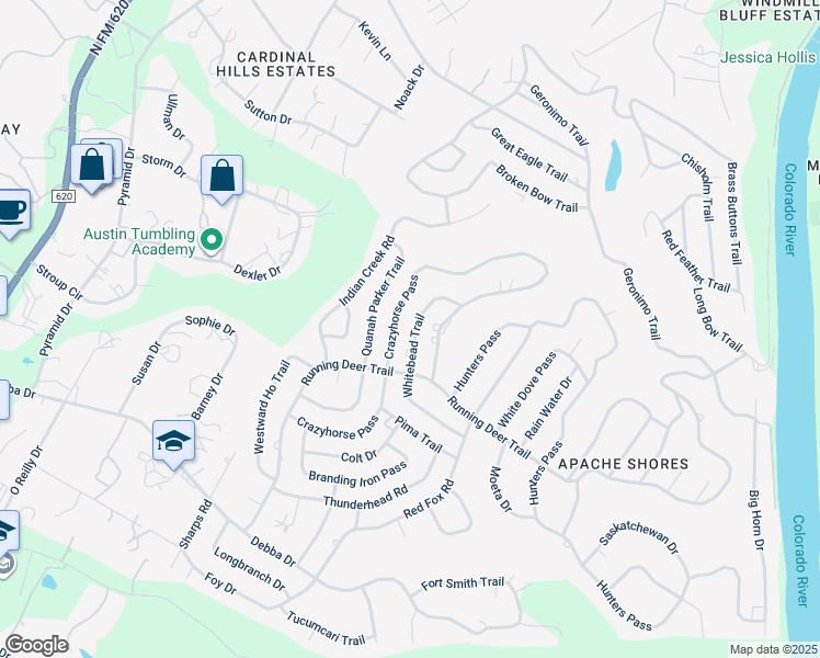 map of restaurants, bars, coffee shops, grocery stores, and more near 2107 Whitebead Trail in Austin