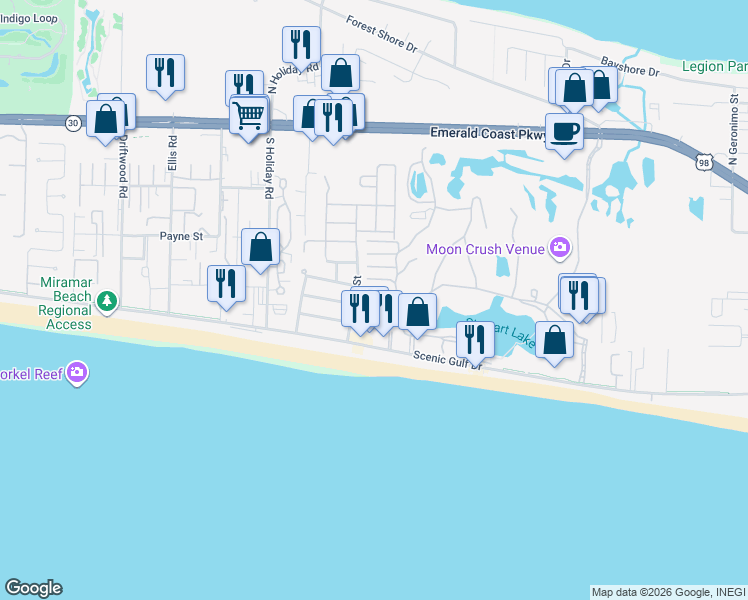 map of restaurants, bars, coffee shops, grocery stores, and more near 80 Sea Oats Cove in Miramar Beach