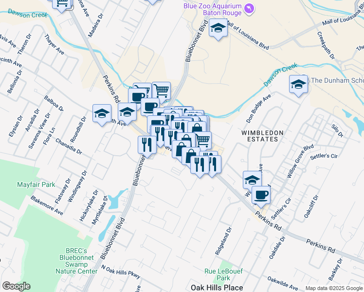 map of restaurants, bars, coffee shops, grocery stores, and more near 10000 Perkins Rowe in Baton Rouge