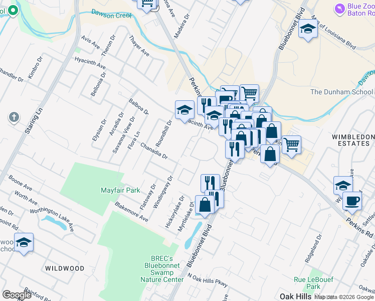 map of restaurants, bars, coffee shops, grocery stores, and more near 9936 Waterford Court in Baton Rouge