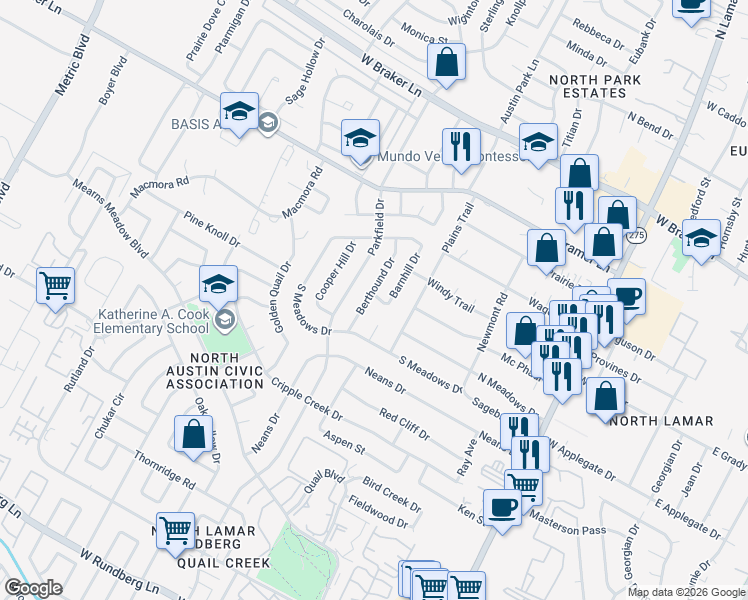 map of restaurants, bars, coffee shops, grocery stores, and more near 10508 Lark Court in Austin