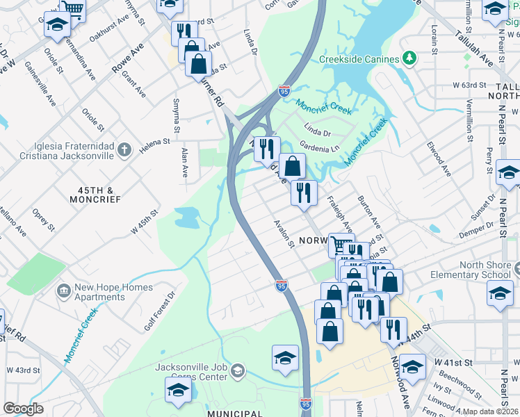 map of restaurants, bars, coffee shops, grocery stores, and more near 1016 Dorchester Street in Jacksonville