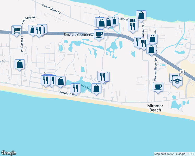 map of restaurants, bars, coffee shops, grocery stores, and more near 122 Seascape Boulevard in Miramar Beach