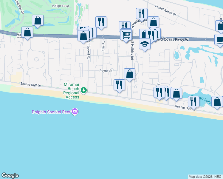 map of restaurants, bars, coffee shops, grocery stores, and more near 19 Scenic Highway 98 in Miramar Beach
