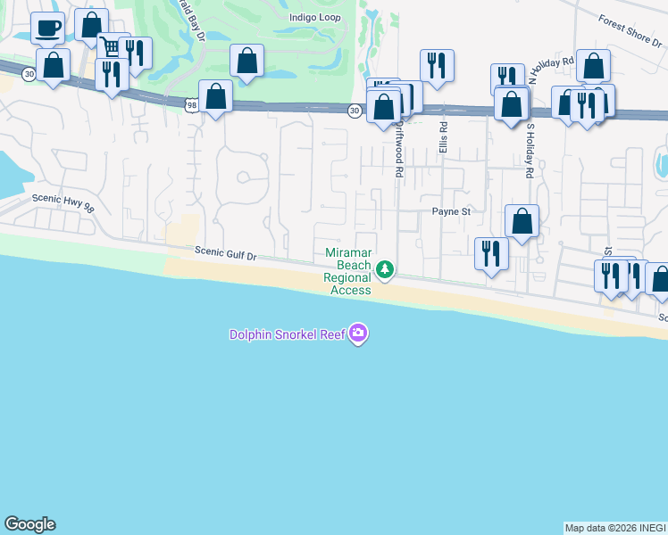 map of restaurants, bars, coffee shops, grocery stores, and more near 2500 Scenic Gulf Drive in Miramar Beach