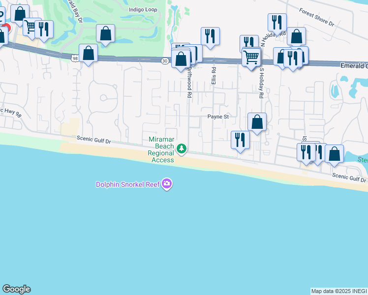 map of restaurants, bars, coffee shops, grocery stores, and more near 11 Driftwood Road in Miramar Beach
