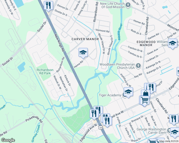 map of restaurants, bars, coffee shops, grocery stores, and more near 6526 Ribault Road in Jacksonville