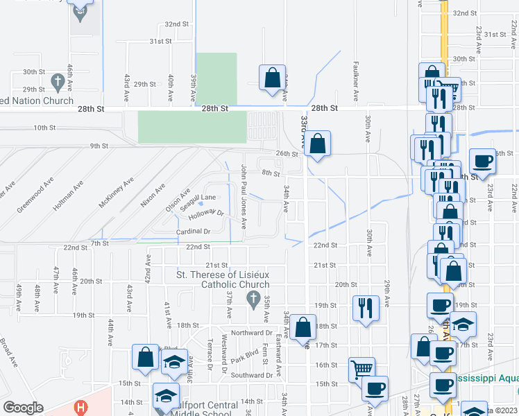 map of restaurants, bars, coffee shops, grocery stores, and more near 3173 Canary Circle in Gulfport