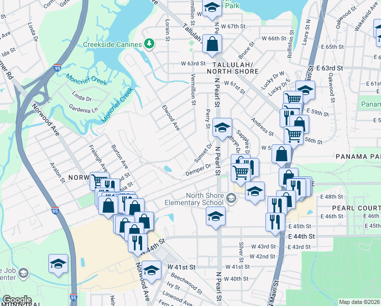 map of restaurants, bars, coffee shops, grocery stores, and more near 6432 Elwood Avenue in Jacksonville