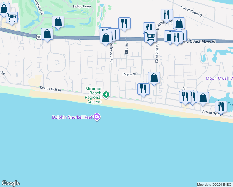 map of restaurants, bars, coffee shops, grocery stores, and more near 26 Driftwood Road in Miramar Beach