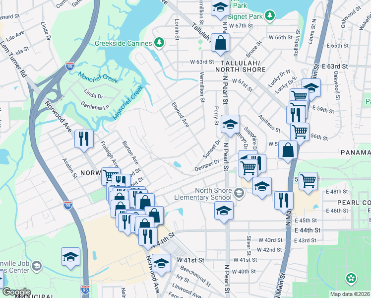 map of restaurants, bars, coffee shops, grocery stores, and more near 6437 Lanark Avenue in Jacksonville