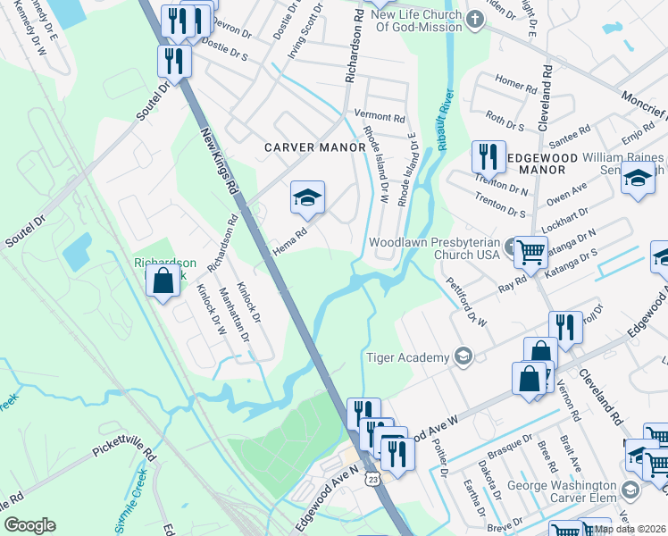 map of restaurants, bars, coffee shops, grocery stores, and more near 6526 Ribault Road in Jacksonville