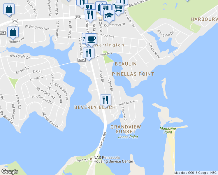 map of restaurants, bars, coffee shops, grocery stores, and more near 528 South 2nd Street in Pensacola