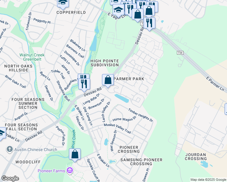 map of restaurants, bars, coffee shops, grocery stores, and more near 11805 Larch Valley Drive in Austin