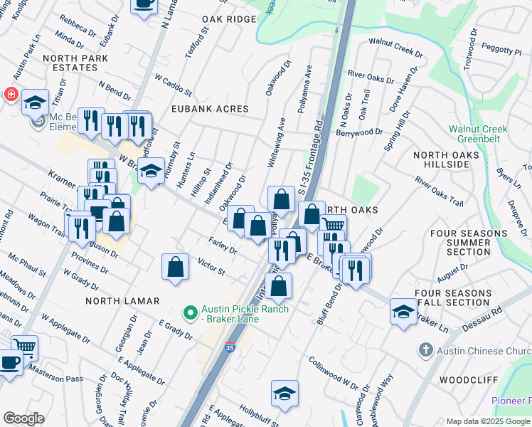 map of restaurants, bars, coffee shops, grocery stores, and more near 11302 Pollyanna Avenue in Austin