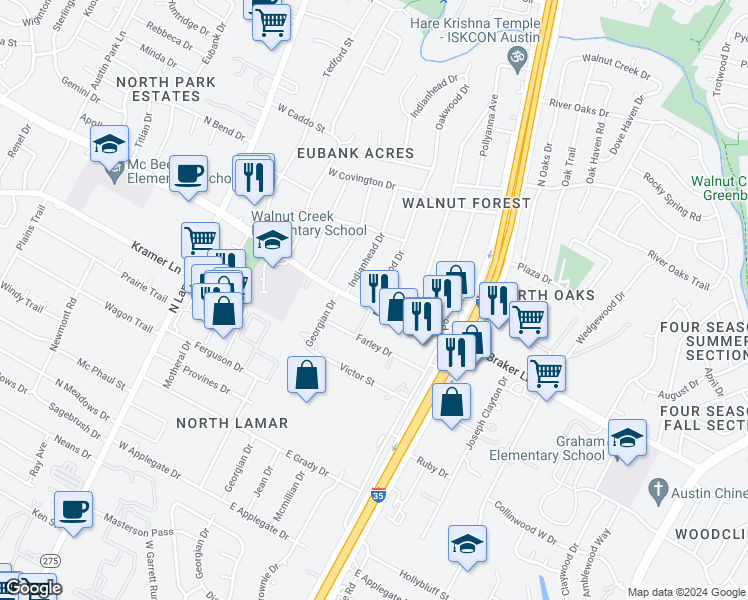 map of restaurants, bars, coffee shops, grocery stores, and more near 201 East Braker Lane in Austin