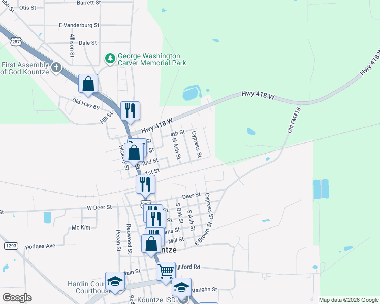 map of restaurants, bars, coffee shops, grocery stores, and more near 809-817 1st St in Kountze