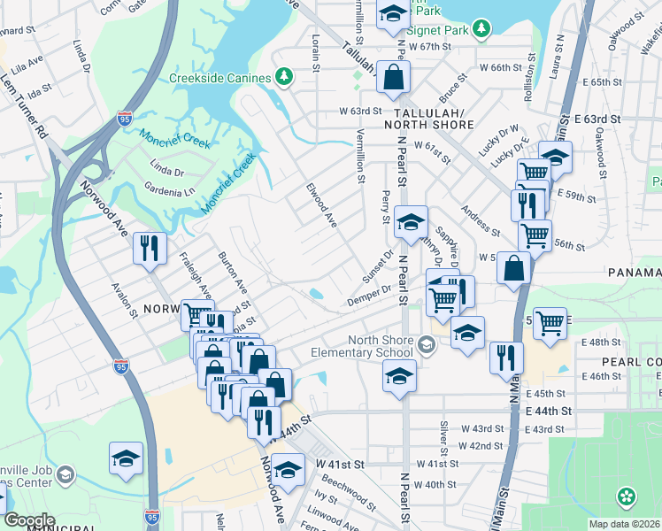 map of restaurants, bars, coffee shops, grocery stores, and more near 6437 Lanark Avenue in Jacksonville