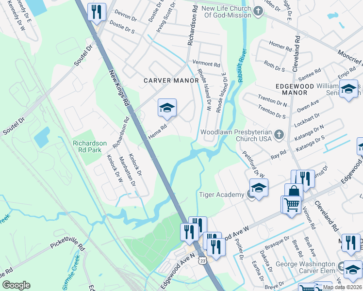 map of restaurants, bars, coffee shops, grocery stores, and more near 6526 Ribault Road in Jacksonville