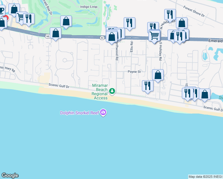 map of restaurants, bars, coffee shops, grocery stores, and more near 2384 Scenic Gulf Drive in Miramar Beach