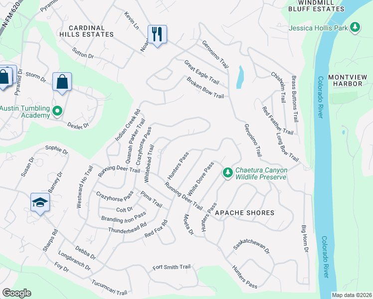 map of restaurants, bars, coffee shops, grocery stores, and more near 14510 Hunters Pass in Austin