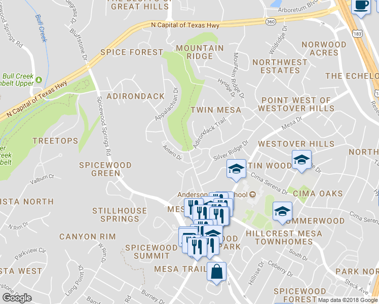map of restaurants, bars, coffee shops, grocery stores, and more near Steck Ave & Adirondack Trail in Austin