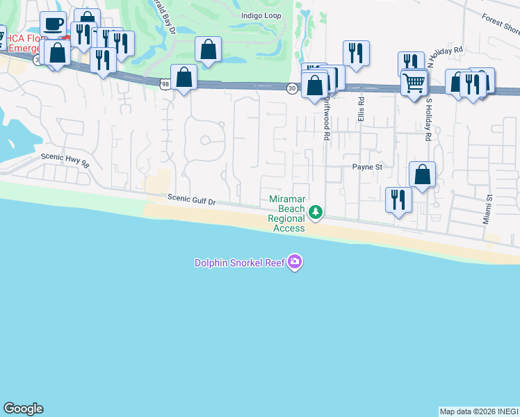 map of restaurants, bars, coffee shops, grocery stores, and more near 128 Avalon Boulevard in Miramar Beach