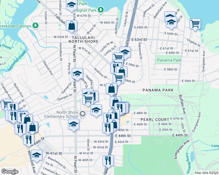 map of restaurants, bars, coffee shops, grocery stores, and more near 6522 North Main Street in Jacksonville