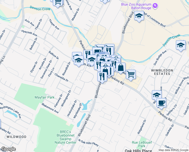 map of restaurants, bars, coffee shops, grocery stores, and more near 8008 Bluebonnet Boulevard in Baton Rouge