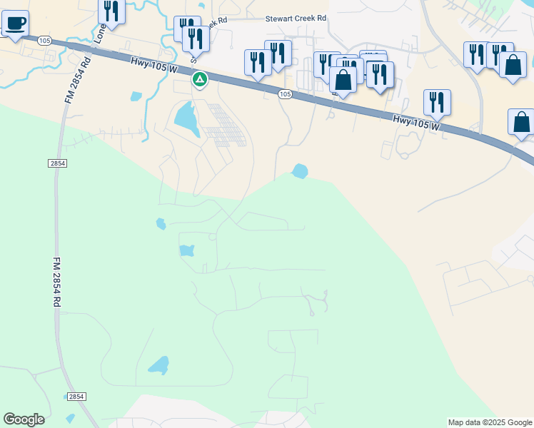 map of restaurants, bars, coffee shops, grocery stores, and more near 19731 Texas 105 in Montgomery