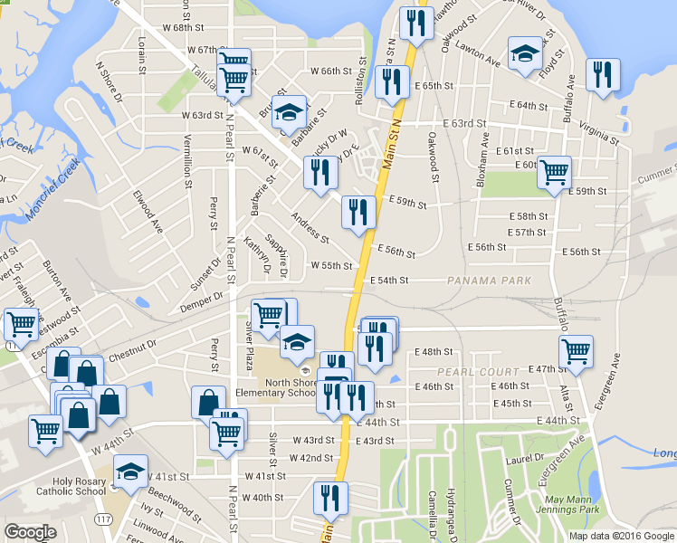 map of restaurants, bars, coffee shops, grocery stores, and more near 6522 North Main Street in Jacksonville