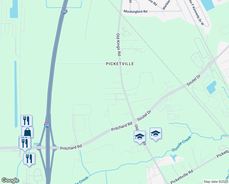 map of restaurants, bars, coffee shops, grocery stores, and more near 6533 Trixy Street in Jacksonville