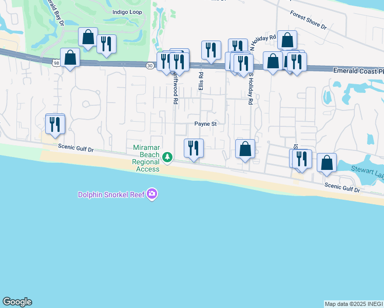 map of restaurants, bars, coffee shops, grocery stores, and more near 101 Ellis Road in Destin