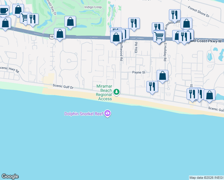map of restaurants, bars, coffee shops, grocery stores, and more near 2410 Scenic Highway 98 in Miramar Beach
