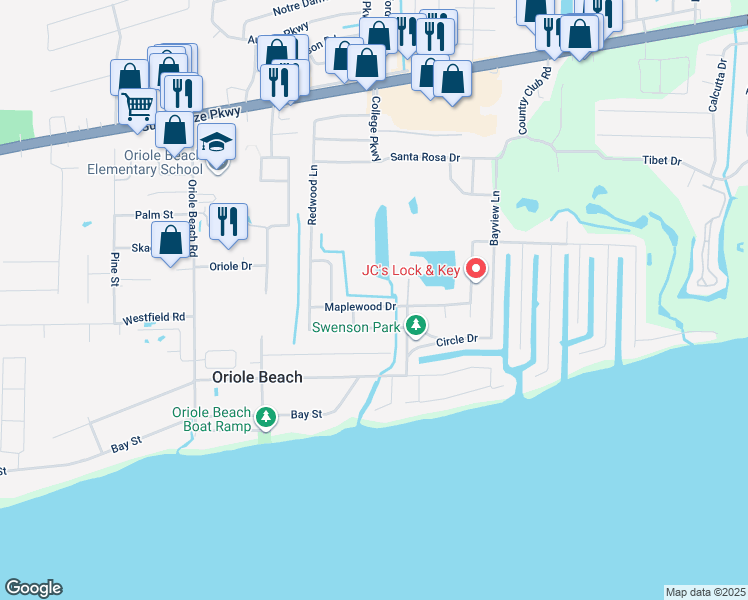 map of restaurants, bars, coffee shops, grocery stores, and more near 3266 Maplewood Drive in Gulf Breeze
