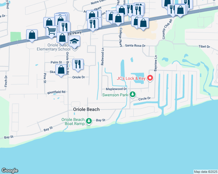 map of restaurants, bars, coffee shops, grocery stores, and more near 3264 Cypress Lane in Gulf Breeze