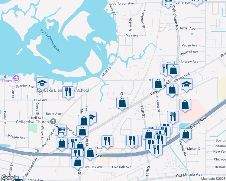 map of restaurants, bars, coffee shops, grocery stores, and more near 4522 Peach Street in Pascagoula