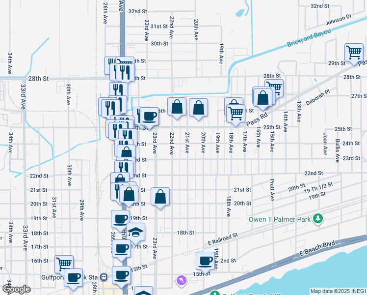map of restaurants, bars, coffee shops, grocery stores, and more near 2104 24th Street in Gulfport