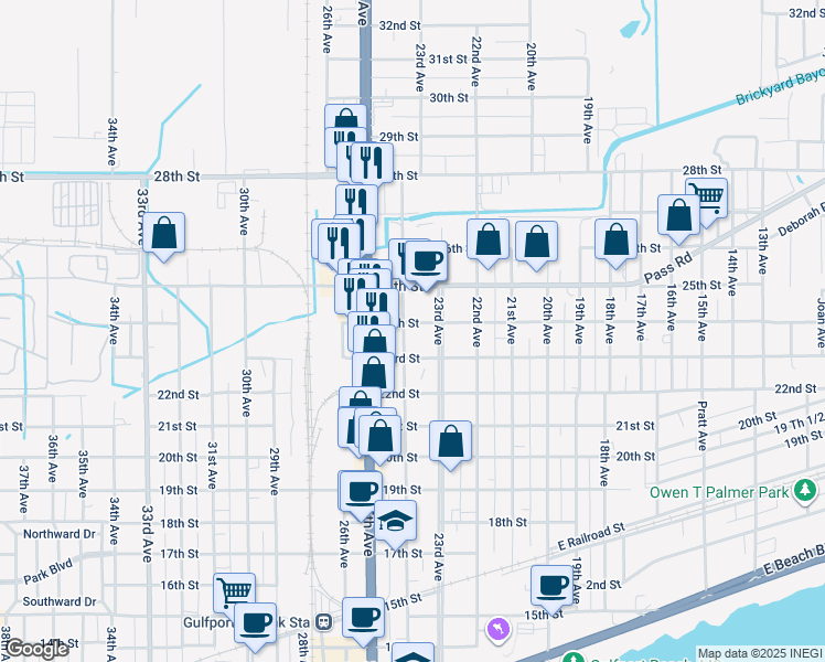 map of restaurants, bars, coffee shops, grocery stores, and more near 2306 24th St in Gulfport