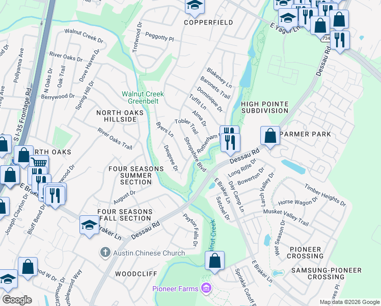 map of restaurants, bars, coffee shops, grocery stores, and more near 11831 Shropshire Boulevard in Austin
