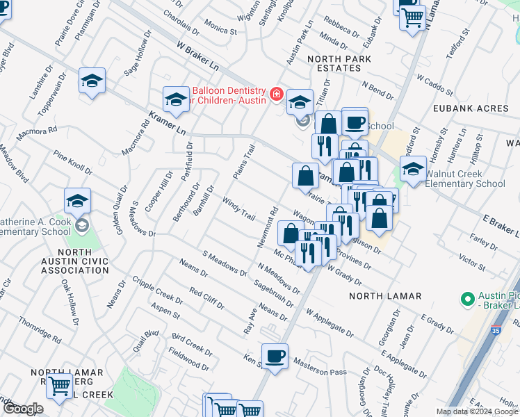 map of restaurants, bars, coffee shops, grocery stores, and more near 1005 Wagon Trail in Austin